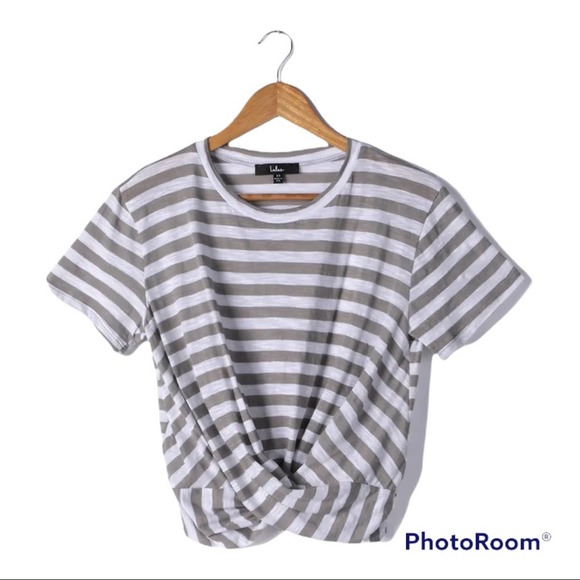 NWT Line of Thought Grey Striped Twist-Front Cropped Tee - Picture 1 of 6